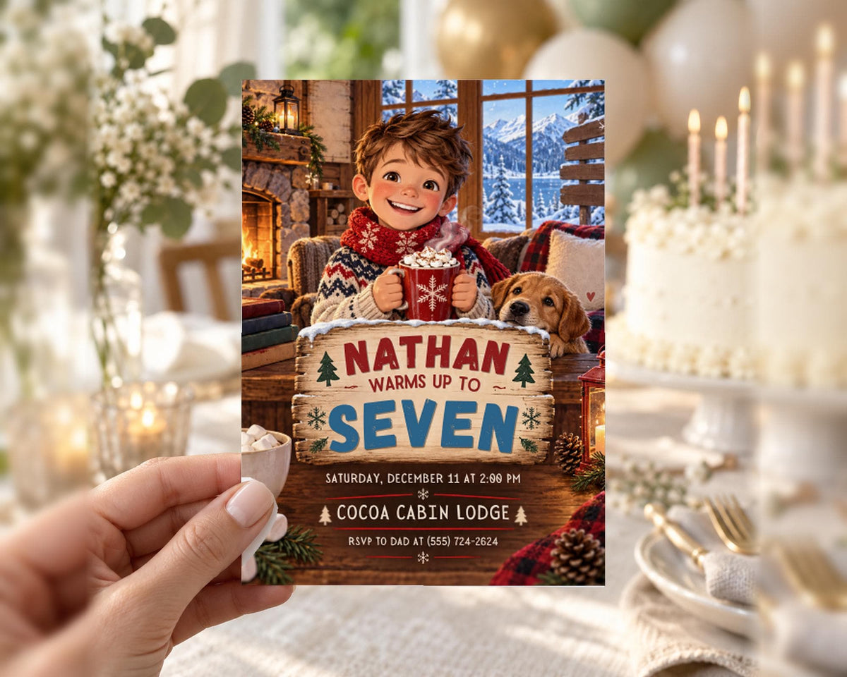A hand holding a birthday invitation card with a cartoon image of a boy sitting in a chair, smiling, and holding a mug. The card is for a birthday party at the Cocoa Cabin Lodge.