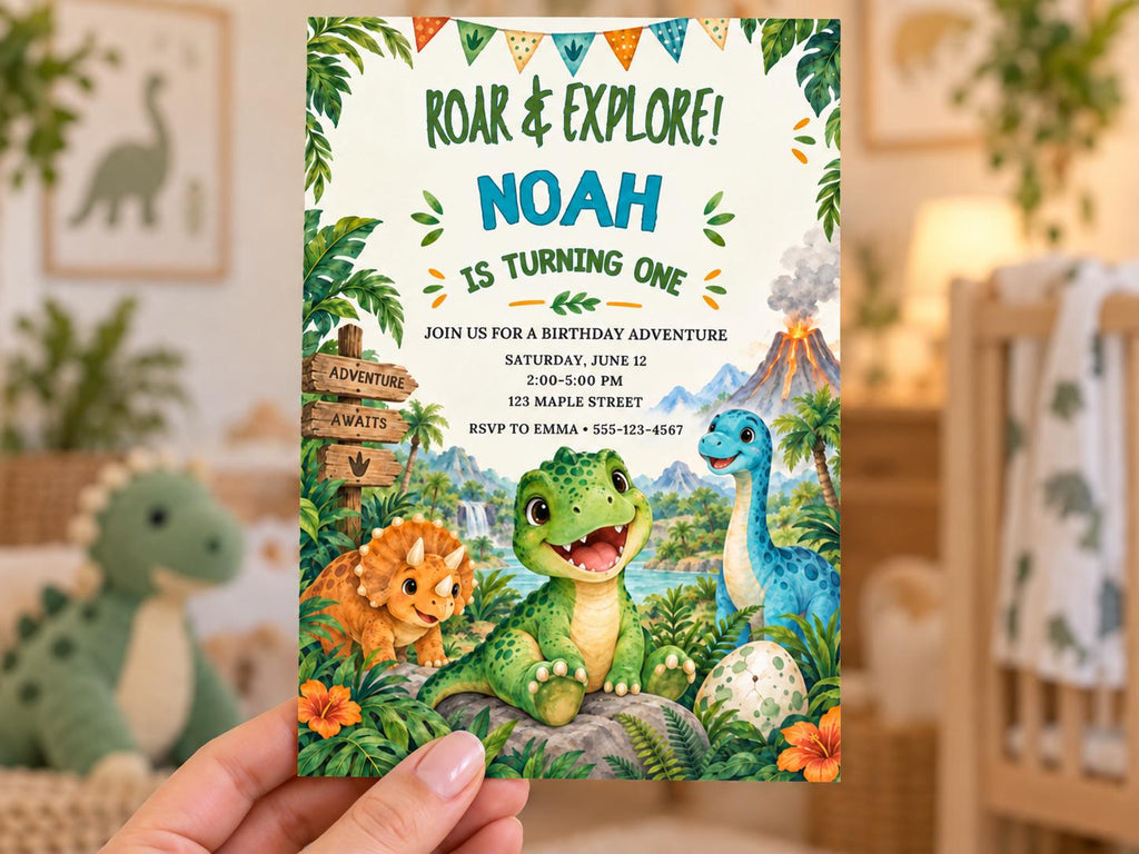 A hand holding a birthday invitation card with a dinosaur theme, featuring illustrations of a green dinosaur, a brown dinosaur, and a blue dinosaur.