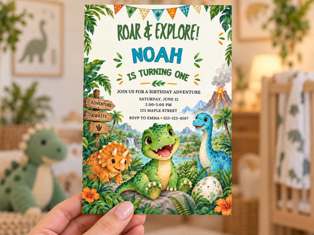 A hand holding a birthday invitation card with a dinosaur theme, featuring illustrations of a green dinosaur, a brown dinosaur, and a blue dinosaur.