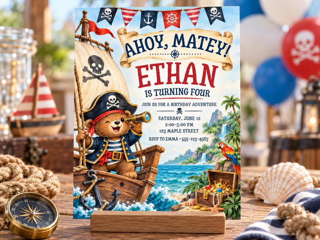 A birthday party invitation featuring a pirate theme, with a teddy bear dressed as a pirate and a pirate ship on the beach.