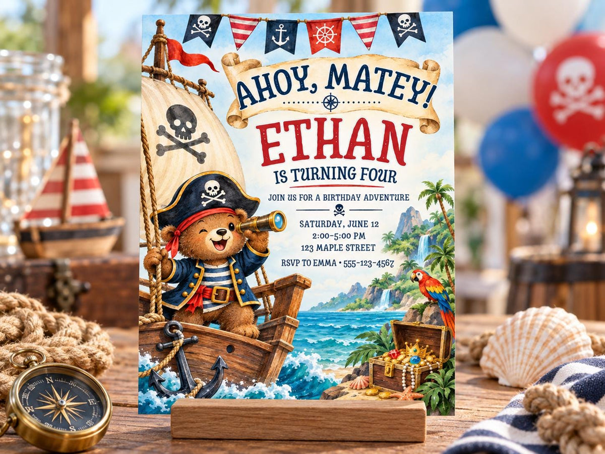 A birthday party invitation featuring a pirate theme, with a teddy bear dressed as a pirate and a pirate ship on the beach.