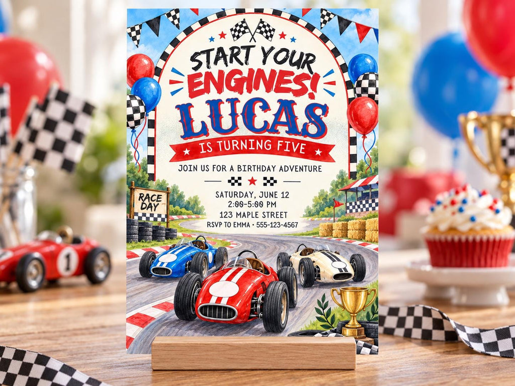 The image is a birthday party invitation for a child named Lucas, featuring a racing theme with images of race cars and checkered flags.