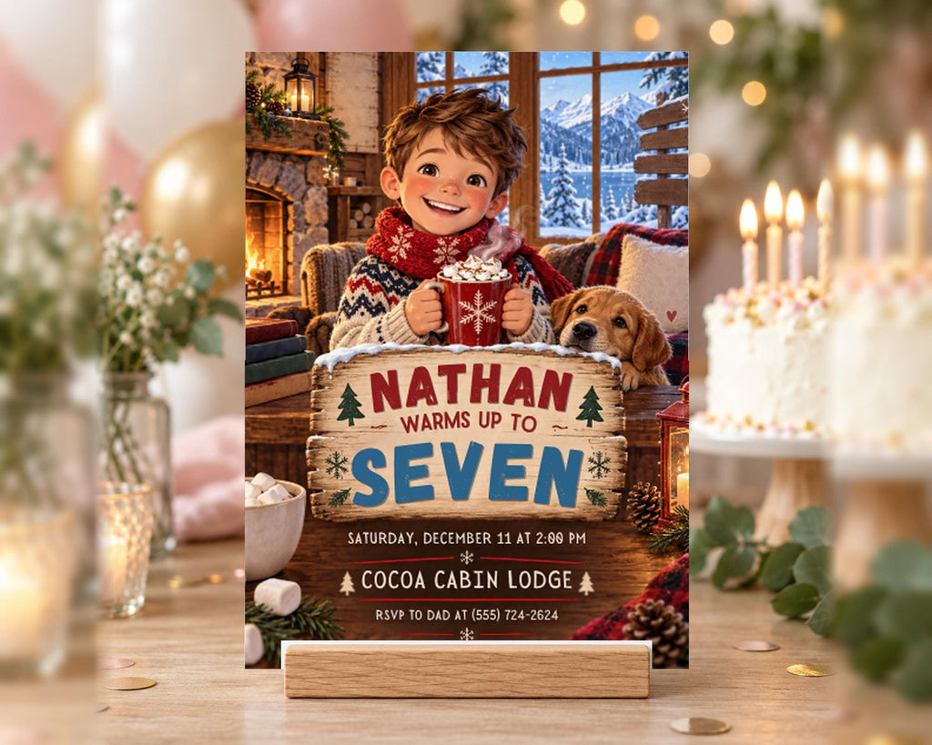 The image is a birthday invitation featuring a young boy sitting in front of a fireplace, holding a mug of hot chocolate, with a dog nearby. The text on the invitation reads "Nathan warms up to seven" and includes details about the event, such as the date, time, location, and RSVP information.