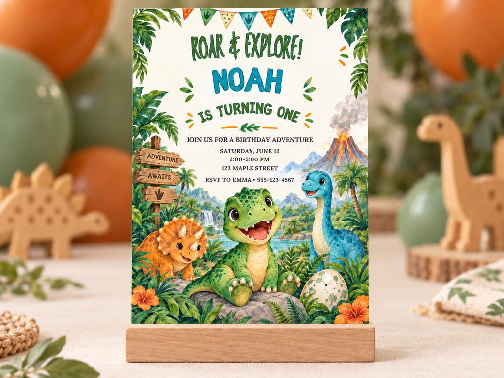The image is a birthday invitation featuring a jungle theme with various dinosaur illustrations, including a green dinosaur and a blue dinosaur. The invitation is for a birthday party for a child named Noah, who is turning one.
