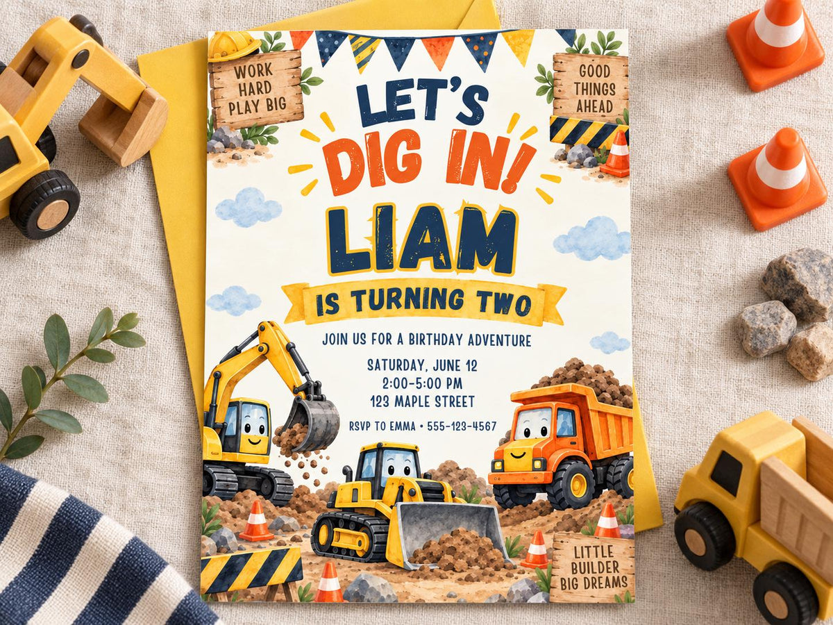 The image is a birthday invitation for a child named Liam, who is turning two years old. The invitation features illustrations of construction vehicles and a construction site theme, along with the text "Let's Dig In! Liam is Turning Two" and "Join us for a birthday adventure".