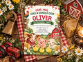 The image is a birthday invitation for a farm-themed party, featuring illustrations of farm animals such as a cow, pig, sheep, and chicken, along with a barn and flowers.