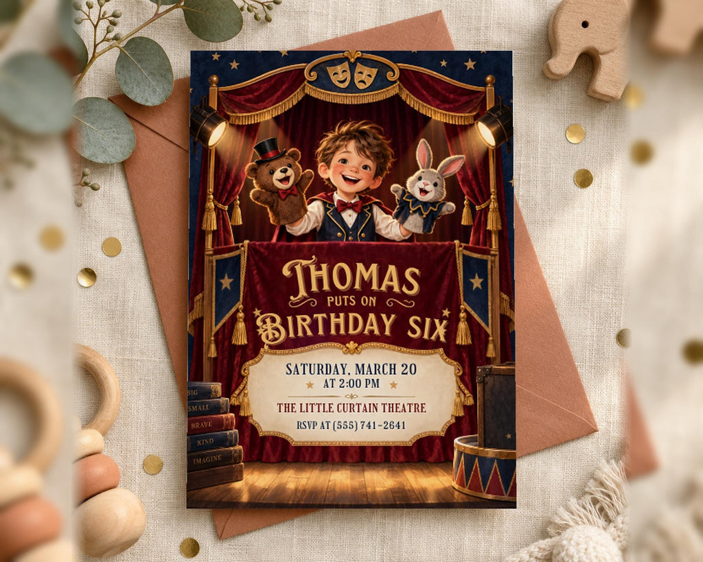 Thomas' birthday party invitation for his sixth birthday, featuring a young boy in a top hat and coat, surrounded by circus-themed decorations and toys.