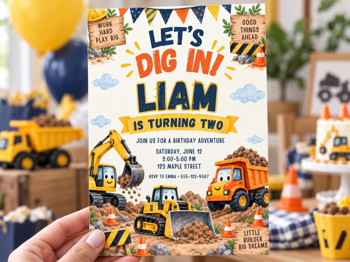 The image is a birthday invitation for a child named Liam, who is turning two years old. The invitation features illustrations of construction vehicles and a construction site theme, along with the text "Let's Dig In! Liam is Turning Two" and "Join us for a birthday adventure".