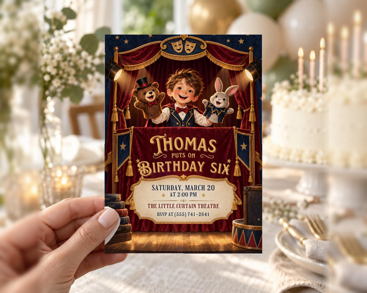 A birthday party invitation featuring a young boy dressed as a magician, with a teddy bear and rabbit as his companions, set against a circus-themed backdrop.