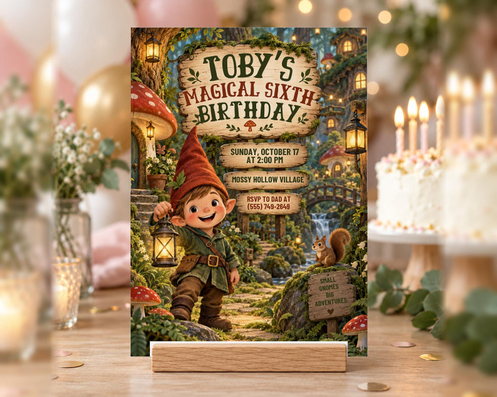 The image is a birthday invitation featuring a whimsical forest scene with a young boy dressed as a gnome. The invitation is for a magical sixth birthday party on Sunday, October 17 at 6:00 PM at Messy Hollow Village.