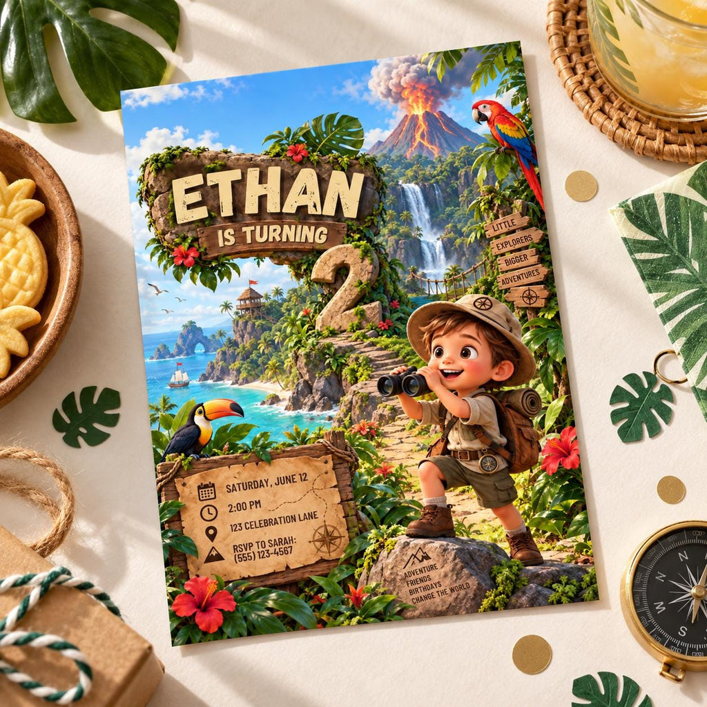 Tropical Volcano Explorer 2nd Birthday Invitation for Boy, Printed or Digital, 5x7