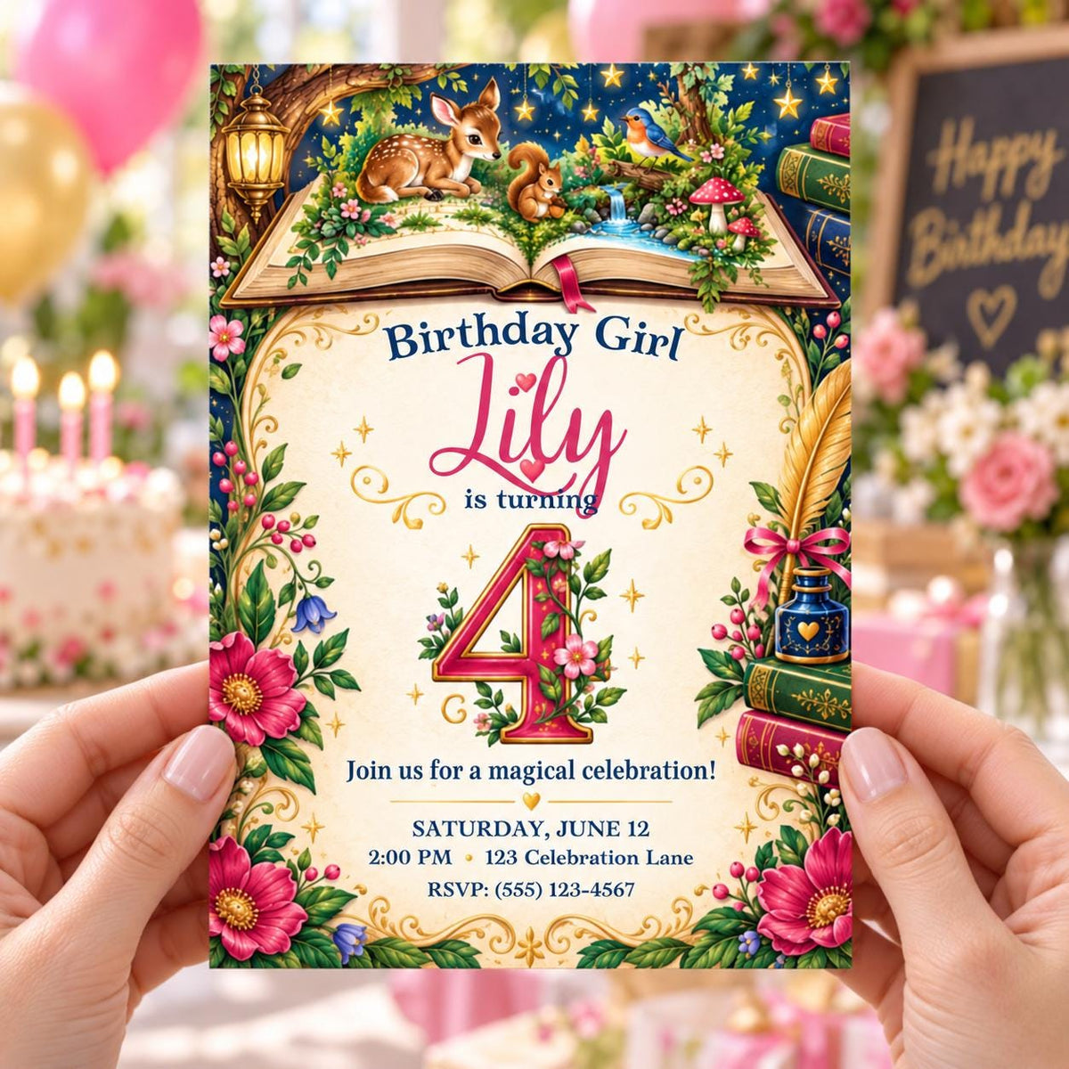 Enchanted Storybook 4th Birthday Invitation for Girl, Editable Canva Template, 5x7