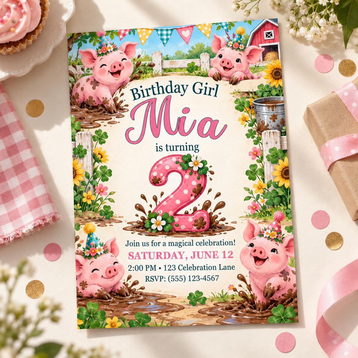 Piglet Mud Puddle 2nd Birthday Invitation for Girl, Editable Canva Template, 5x7