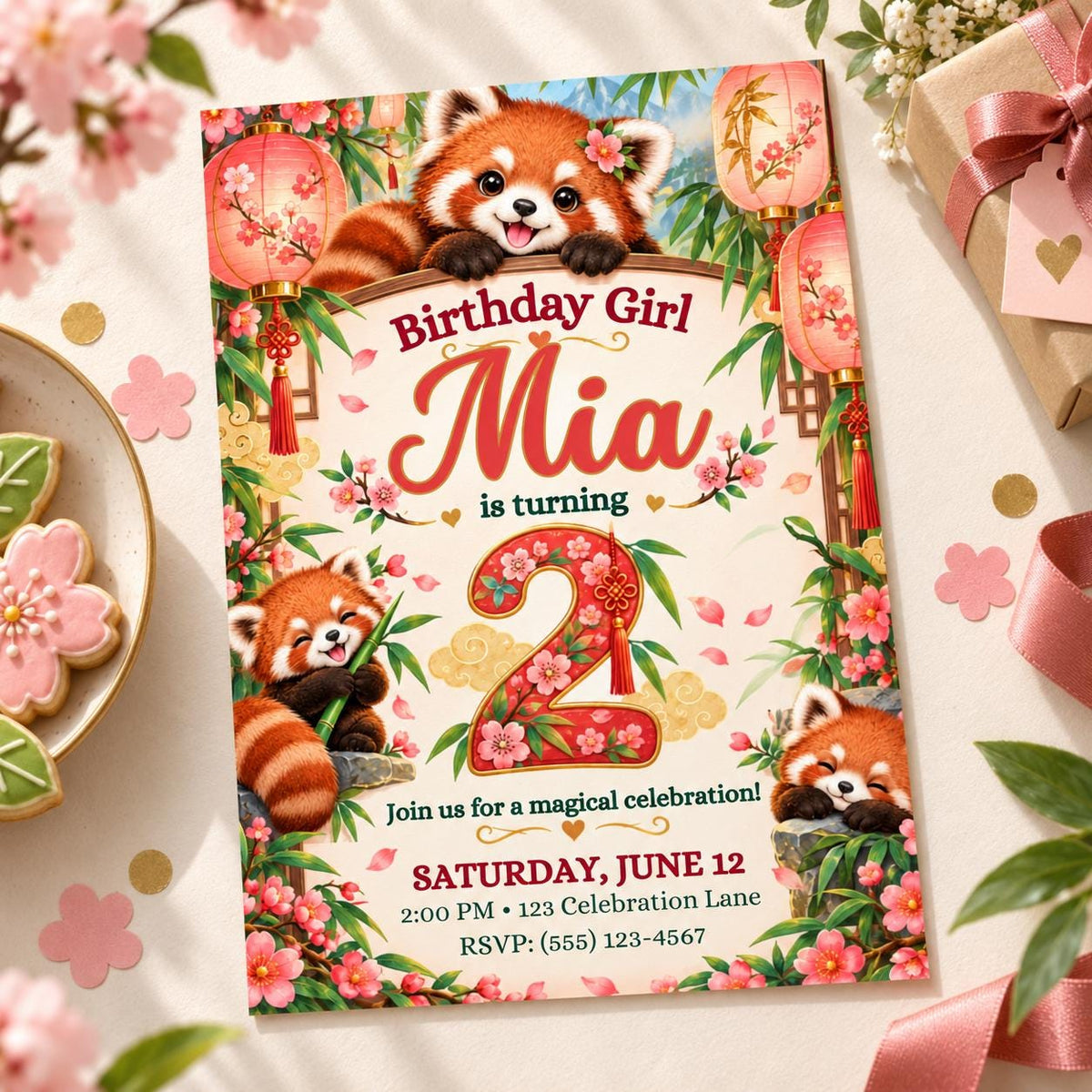Red Panda Lantern 2nd Birthday Invitation for Girl, Editable Canva Template, 5x7