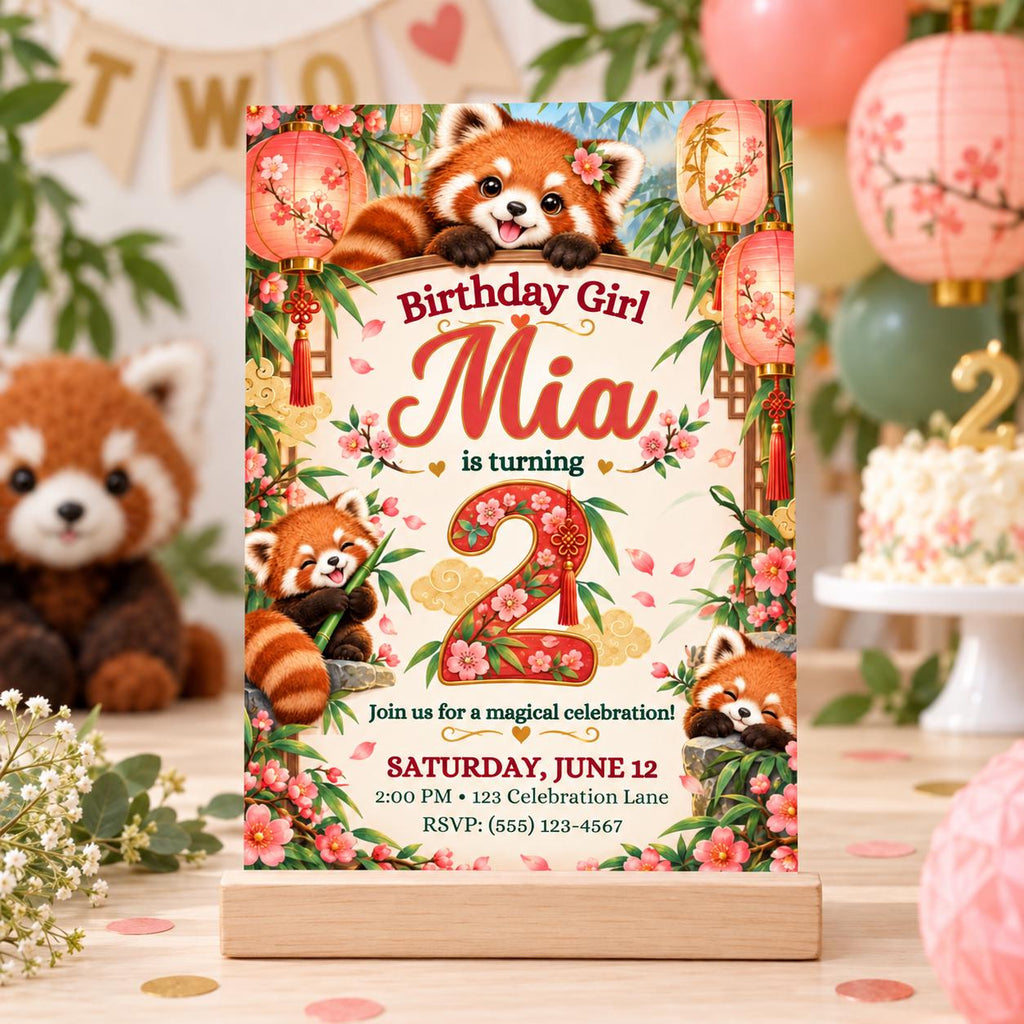 Red Panda Lantern 2nd Birthday Invitation for Girl, Editable Canva Template, 5x7