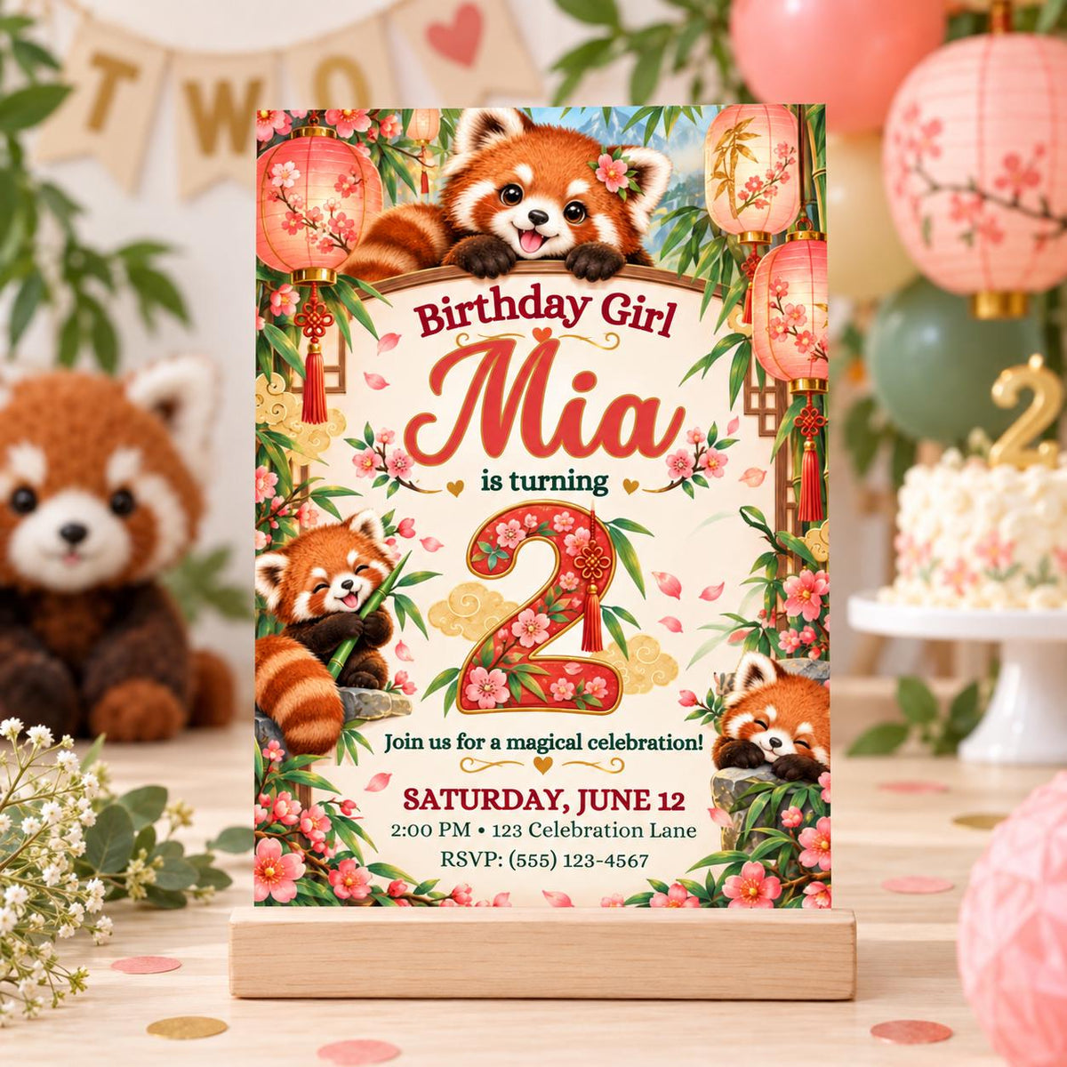 Red Panda Lantern 2nd Birthday Invitation for Girl, Editable Canva Template, 5x7