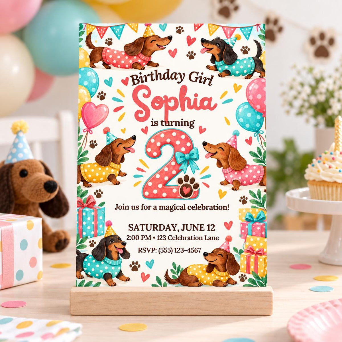Dachshund 2nd Birthday Invitation for Girl, Editable Canva Template, 5x7