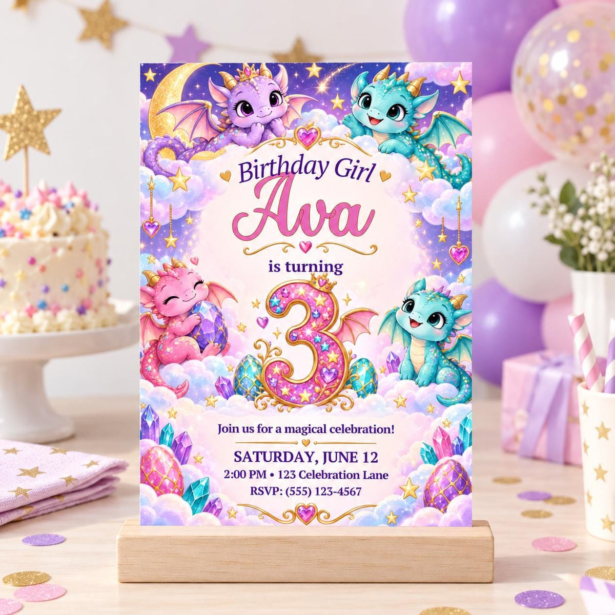 Little Dragon Wishes 3rd Birthday Invitation for Girl, Editable Canva Template, 5x7