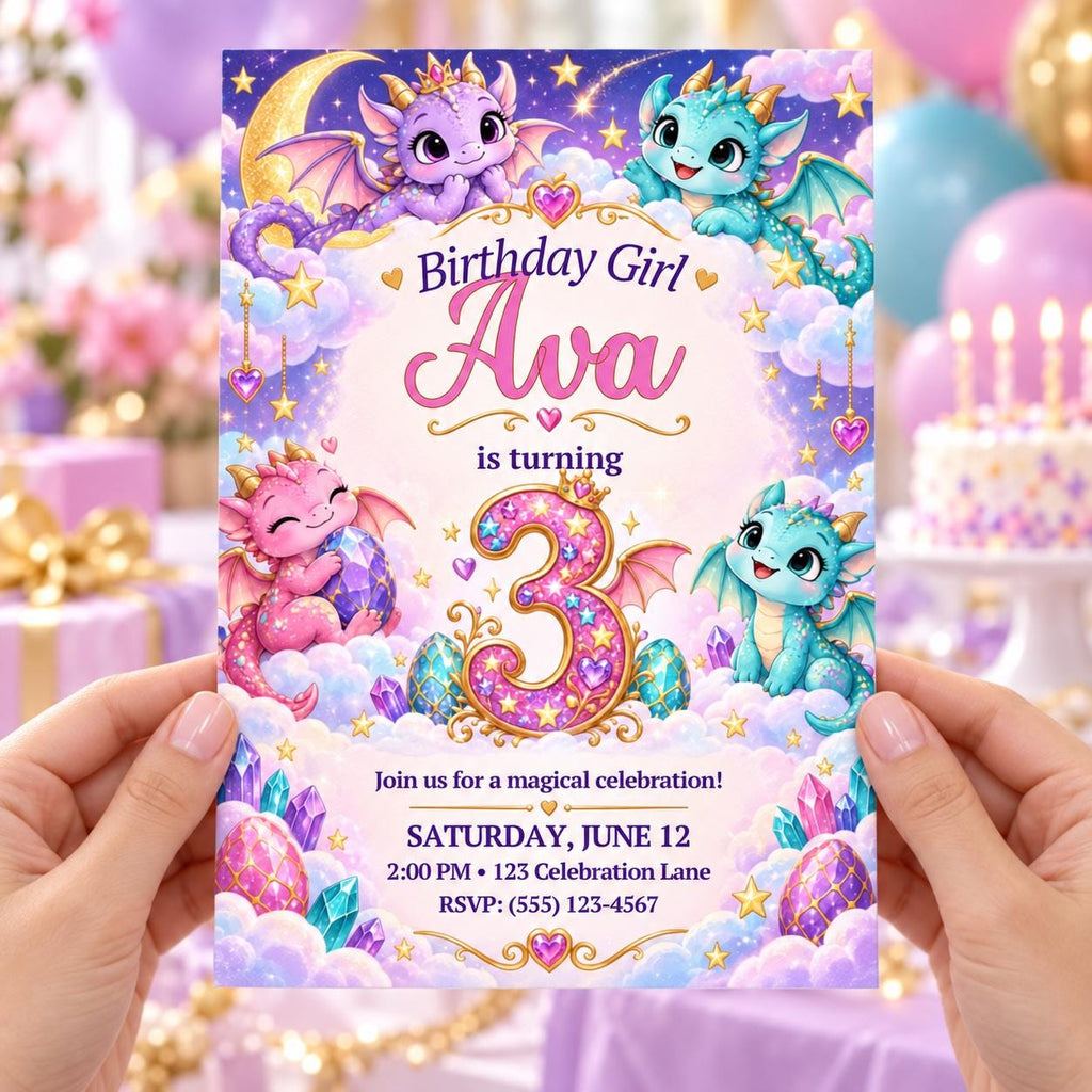 Little Dragon Wishes 3rd Birthday Invitation for Girl, Editable Canva Template, 5x7