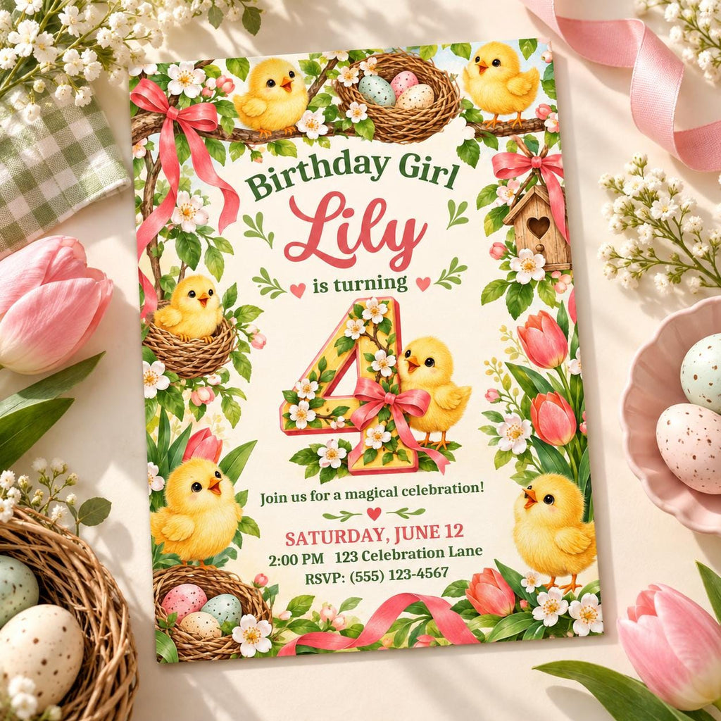 Chick Spring Nest 4th Birthday Invitation for Girl, Editable Canva Template, 5x7