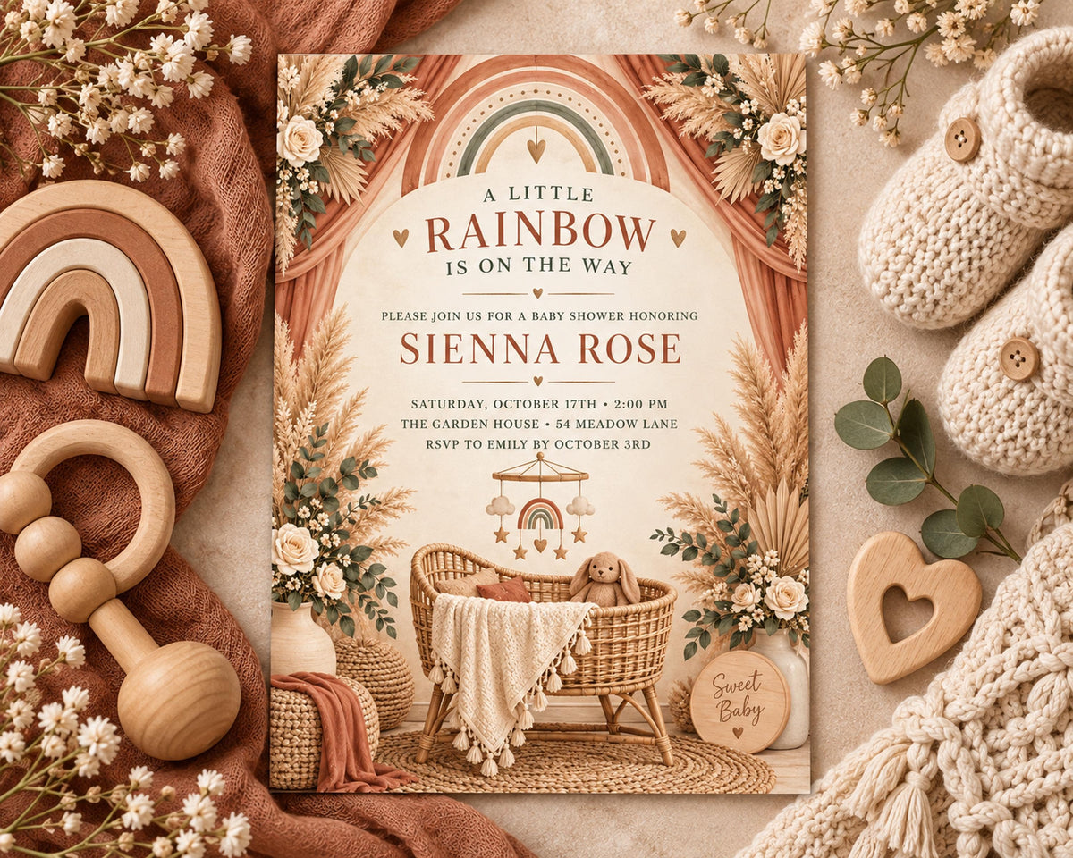 The image is a baby shower invitation featuring a baby's crib, a rainbow, and various baby-related items such as a wooden toy and a pair of baby booties.