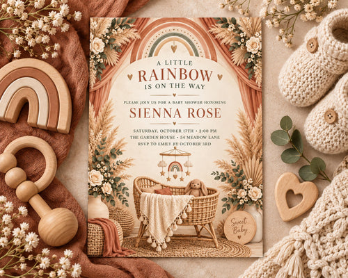 The image is a baby shower invitation featuring a baby's crib, a rainbow, and various baby-related items such as a wooden toy and a pair of baby booties.
