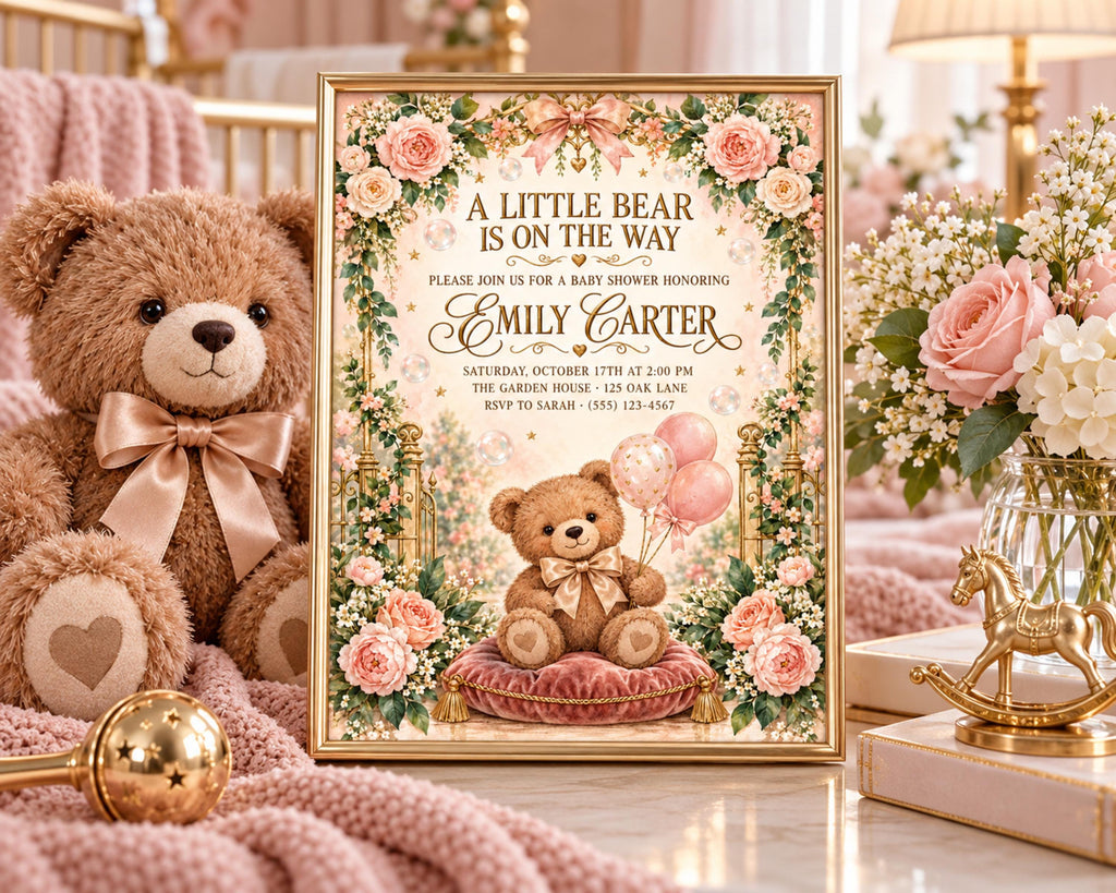 A framed baby shower invitation featuring a teddy bear and pink flowers, with a teddy bear sitting on a pink cushion and balloons.