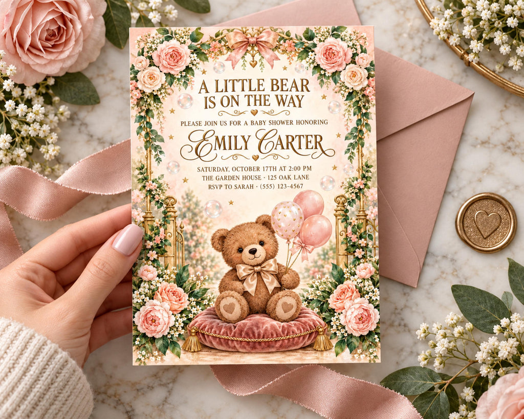 A hand holding a pink and white baby shower invitation with a teddy bear and flowers, surrounded by pink roses and a gold envelope.