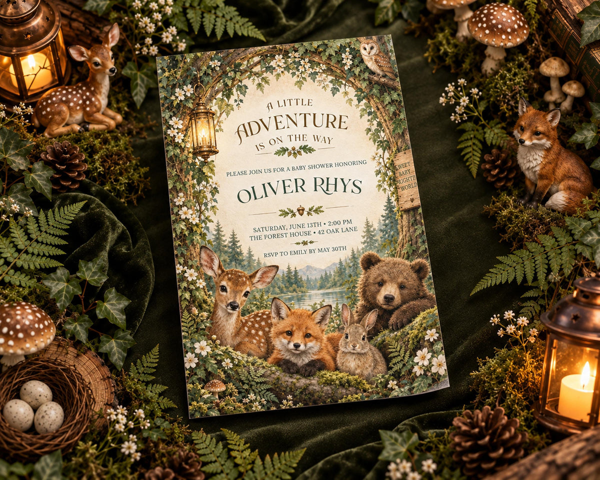 The image is a birthday invitation featuring woodland animals such as deer, fox, bear, and rabbit, surrounded by a forest scene and decorated with candles and pine cones.