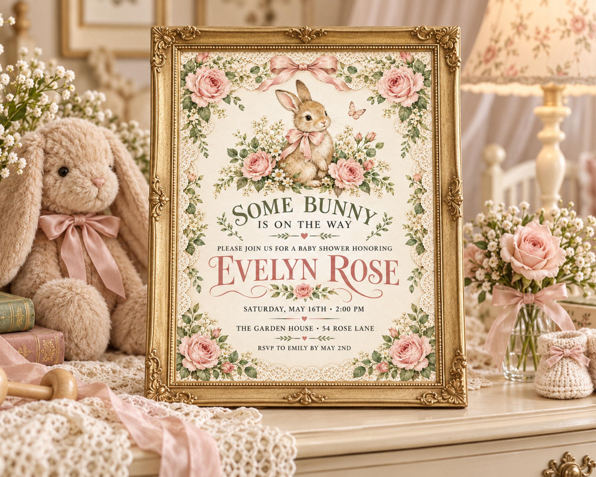 a framed baby shower invitation with a bunny theme, placed on a table with a stuffed bunny and other baby-related items.