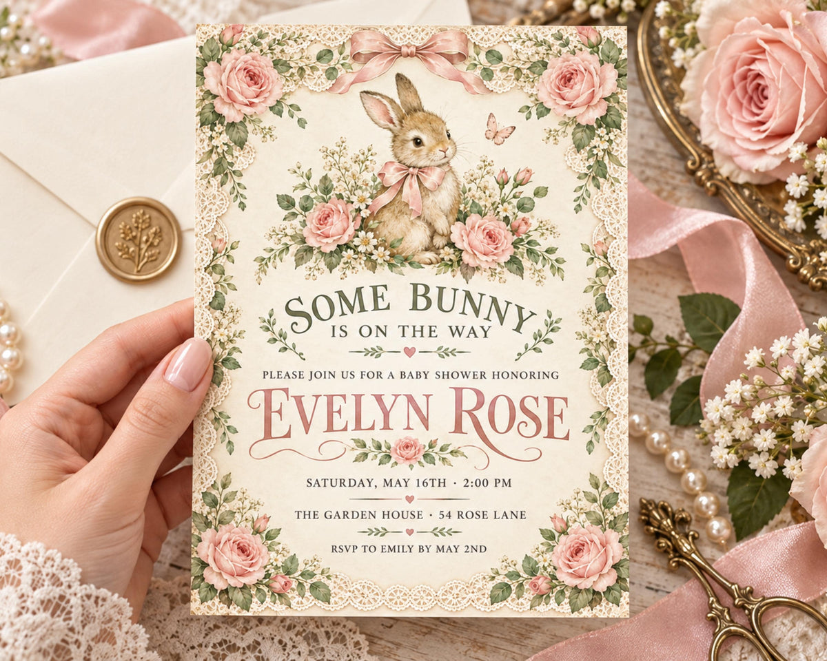 a hand holding a baby shower invitation with a bunny and flowers on it, surrounded by other floral decorations and a gold ribbon.