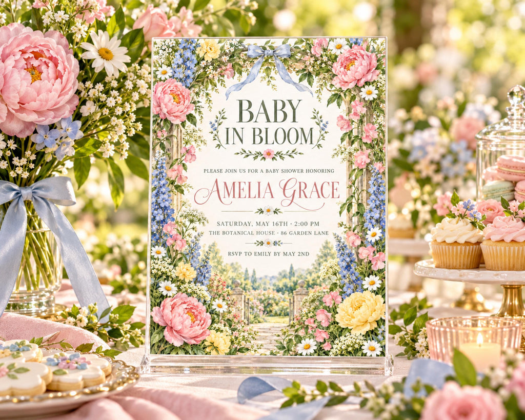 a beautifully decorated baby shower invitation with a floral design, surrounded by various desserts and flowers.