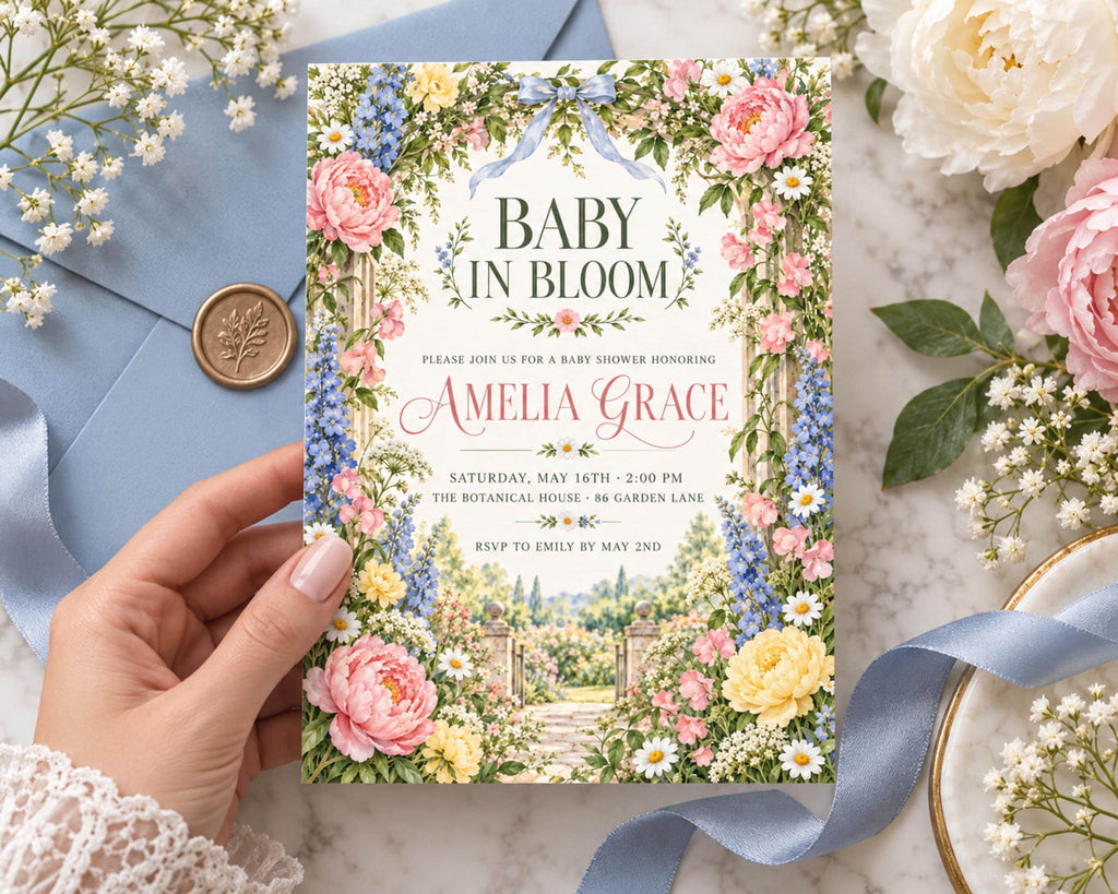 a hand holding a colorful baby shower invitation with a floral design, surrounded by flowers and a blue ribbon.