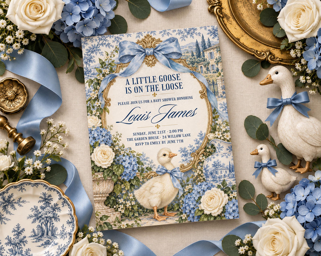A baby shower invitation featuring a blue and white floral design with illustrations of ducks and flowers, surrounded by decorative elements such as roses, ribbons, and figurines.