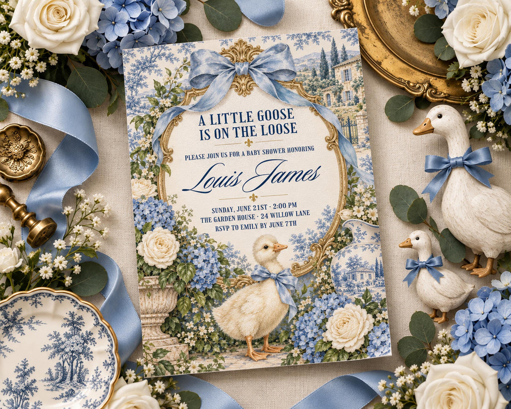 A decorative invitation card with a blue and white floral design, featuring illustrations of ducks and flowers, surrounded by decorative elements such as ribbons, flowers, and other ornamental items.
