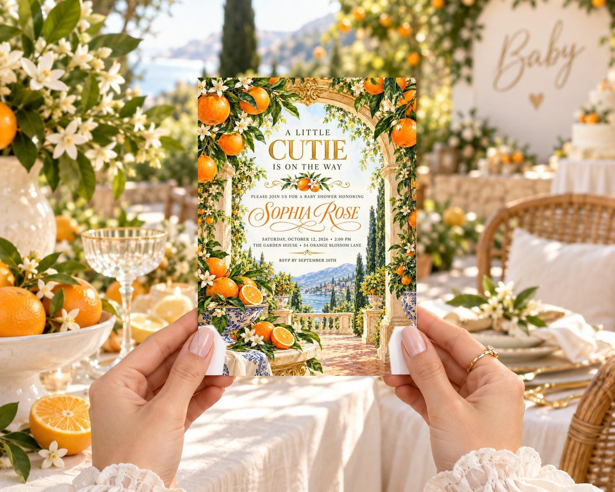 A person is holding a card with a picture of a garden and oranges, which appears to be a baby shower invitation.