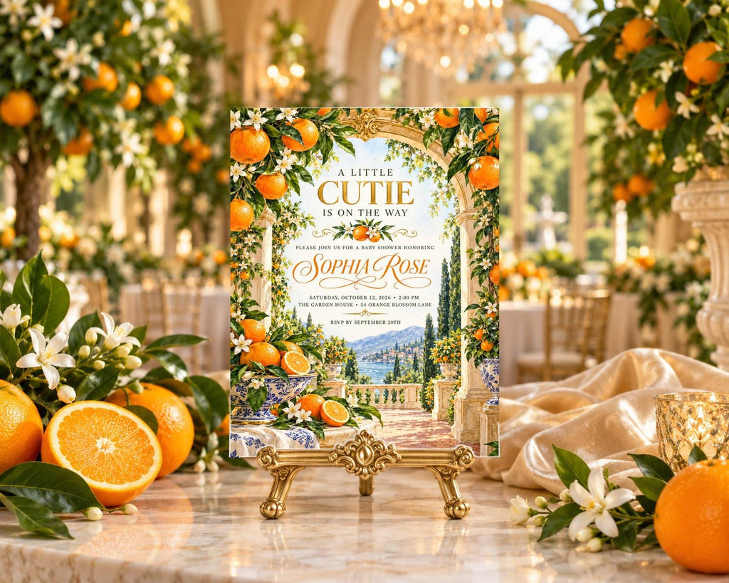 a table with a decorative centerpiece, which appears to be an invitation card for a baby shower. The card is surrounded by oranges and flowers, creating a festive and inviting atmosphere.