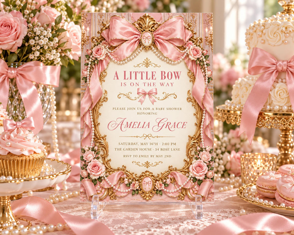 The image is a pink and gold baby shower invitation for a baby named Amelia Grace. The invitation is displayed on a stand surrounded by various pink and gold decorations, including flowers, ribbons, and a cake.