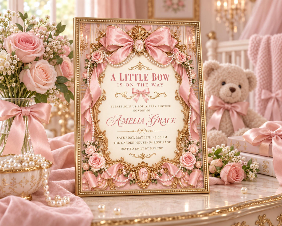 A framed baby shower invitation with a pink and gold color scheme, featuring a teddy bear and flowers, placed on a table with a vase of flowers and pearls.