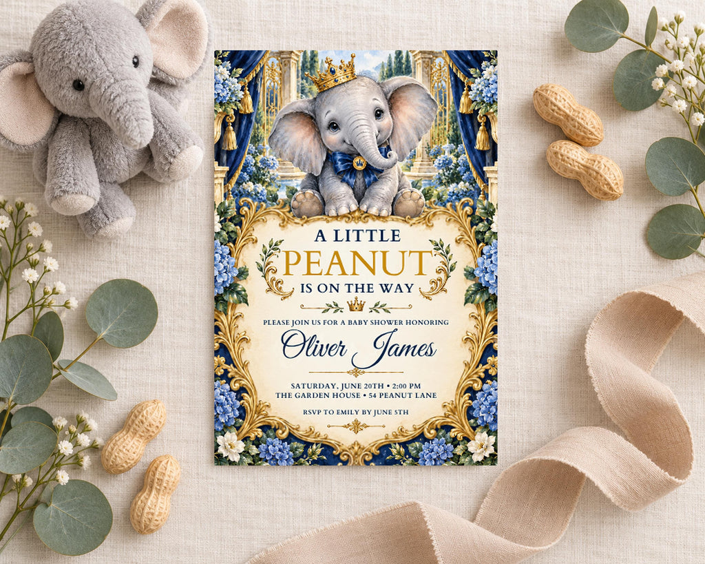 a baby shower invitation for Oliver James, with a baby elephant and other decorative elements surrounding it.