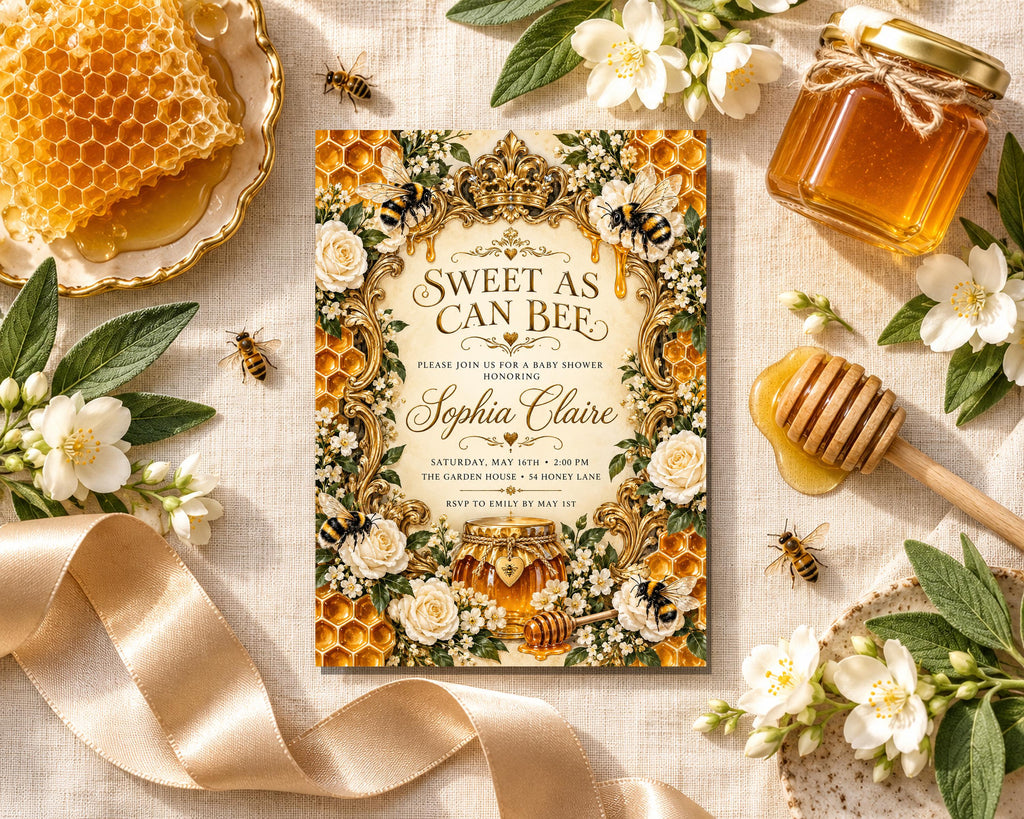 a wedding invitation with honeycomb and flowers as the main design elements, surrounded by honey, flowers, and honeycombs.