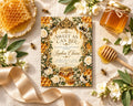 a wedding invitation with honeycomb and flowers as the main design elements, surrounded by honey, flowers, and honeycombs.