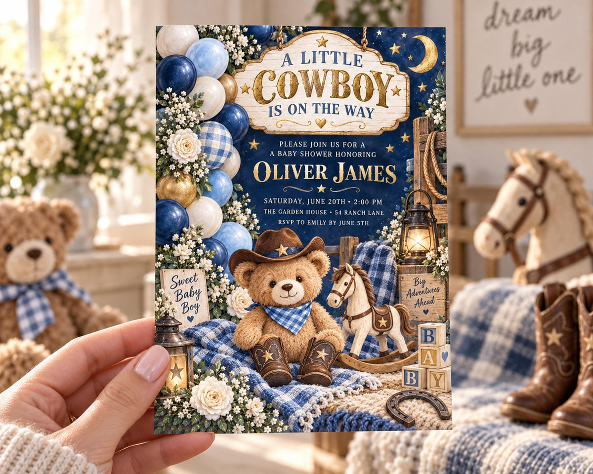 A hand holding a baby shower invitation for a little cowboy event.