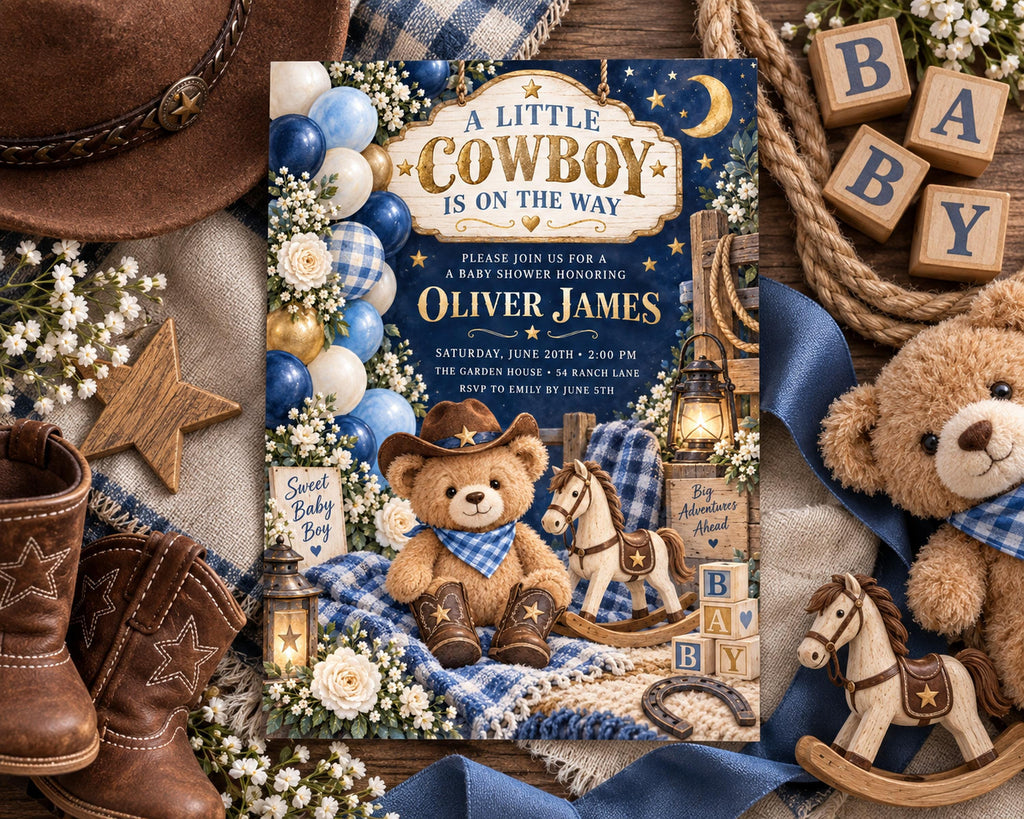 The image is a baby shower invitation featuring a cowboy theme, with various baby-related items such as a teddy bear, rocking horse, and cowboy boots scattered around.