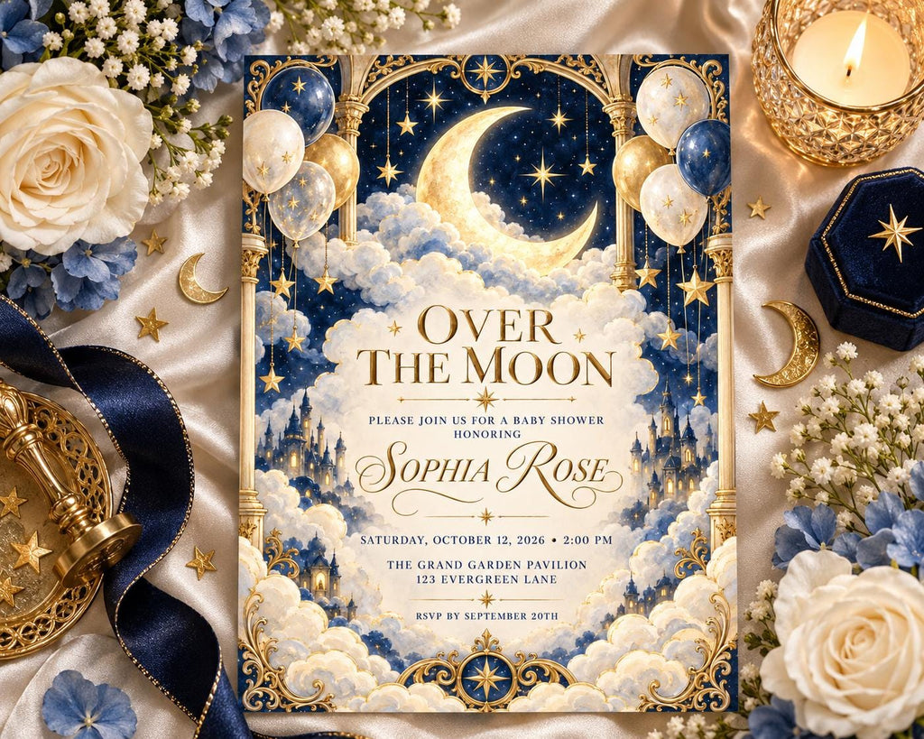 The image is a baby shower invitation featuring a moon and star theme, with a blue and gold color scheme. The invitation is surrounded by flowers, candles, and other decorative elements, creating a festive and elegant atmosphere.