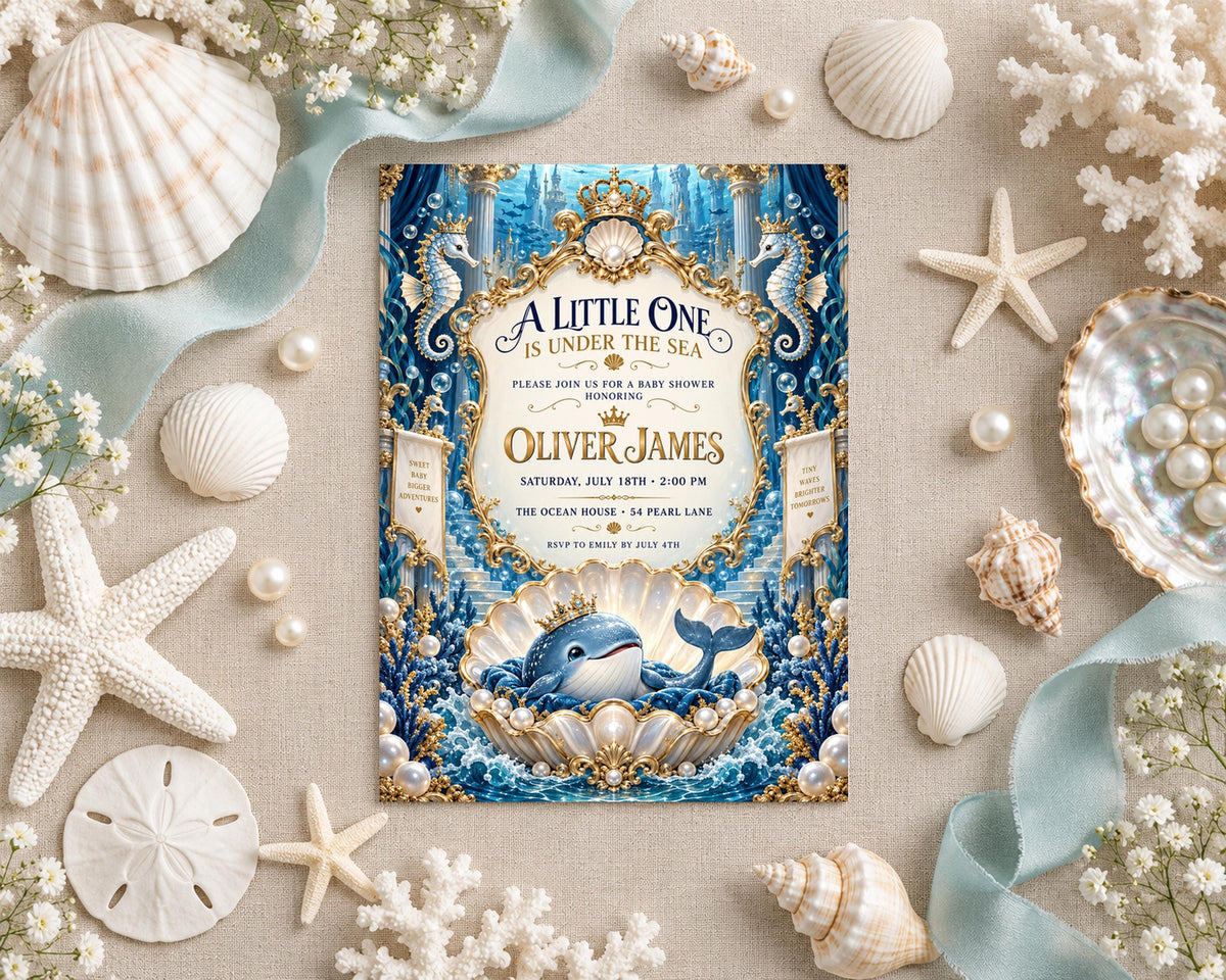 A decorative invitation for a baby shower, featuring a mermaid theme with seashells, pearls, and starfish surrounding it.