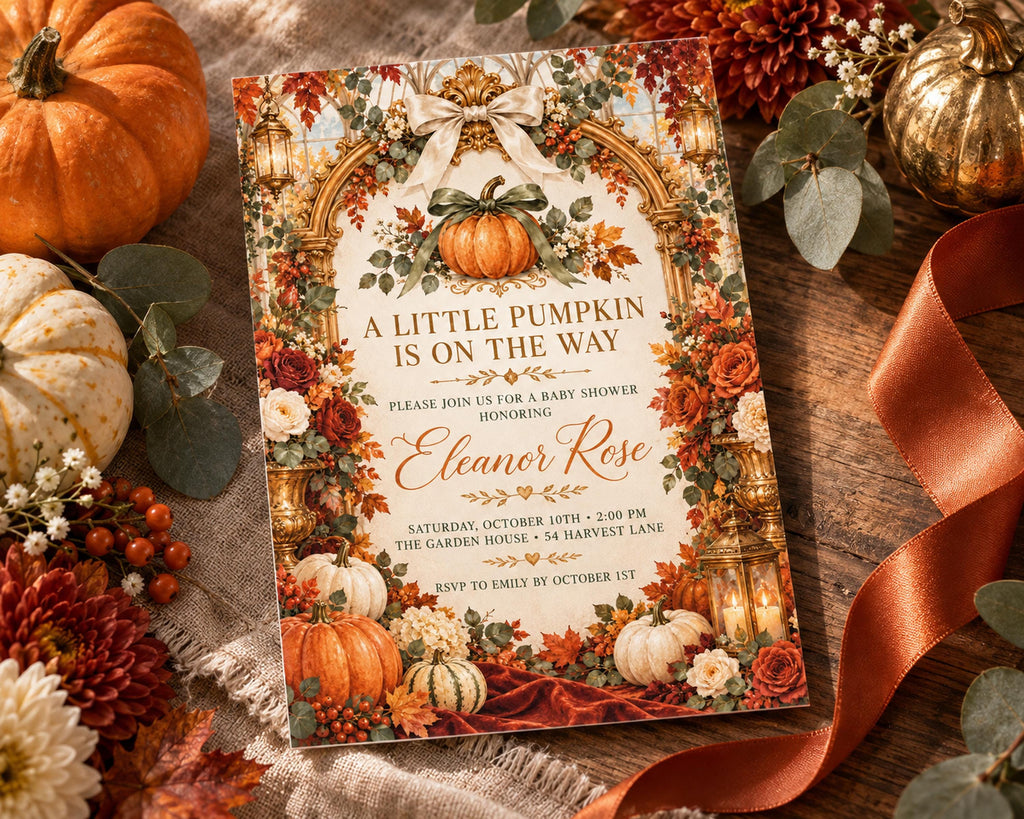 A decorative invitation for a baby shower, featuring autumn-themed elements such as pumpkins, leaves, and flowers, along with the text "A little pumpkin is on the way" and the name "Ella Rose".