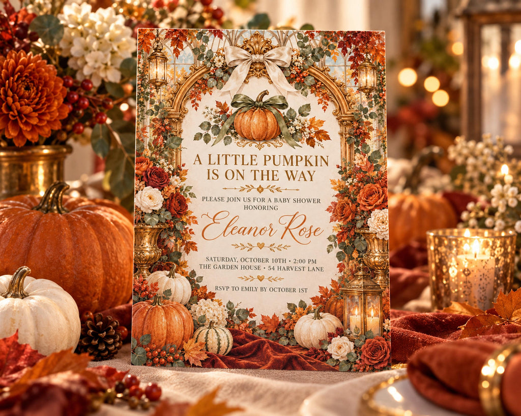 a beautifully decorated invitation card with autumn-themed elements, such as pumpkins, leaves, and flowers, placed on a table surrounded by other seasonal decorations.