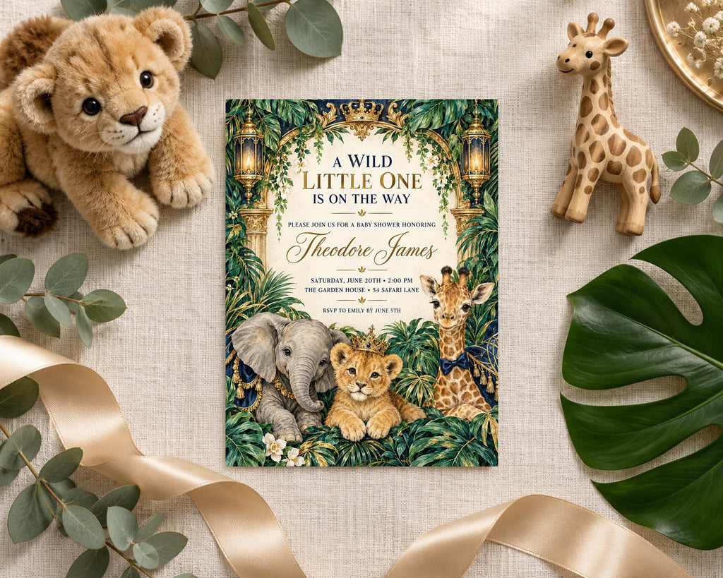 a baby shower invitation with a jungle theme, surrounded by stuffed animals and leaves.