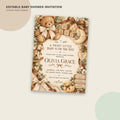 The image is a baby shower invitation featuring a teddy bear and various decorative elements such as flowers, ribbons, and baby-related items.